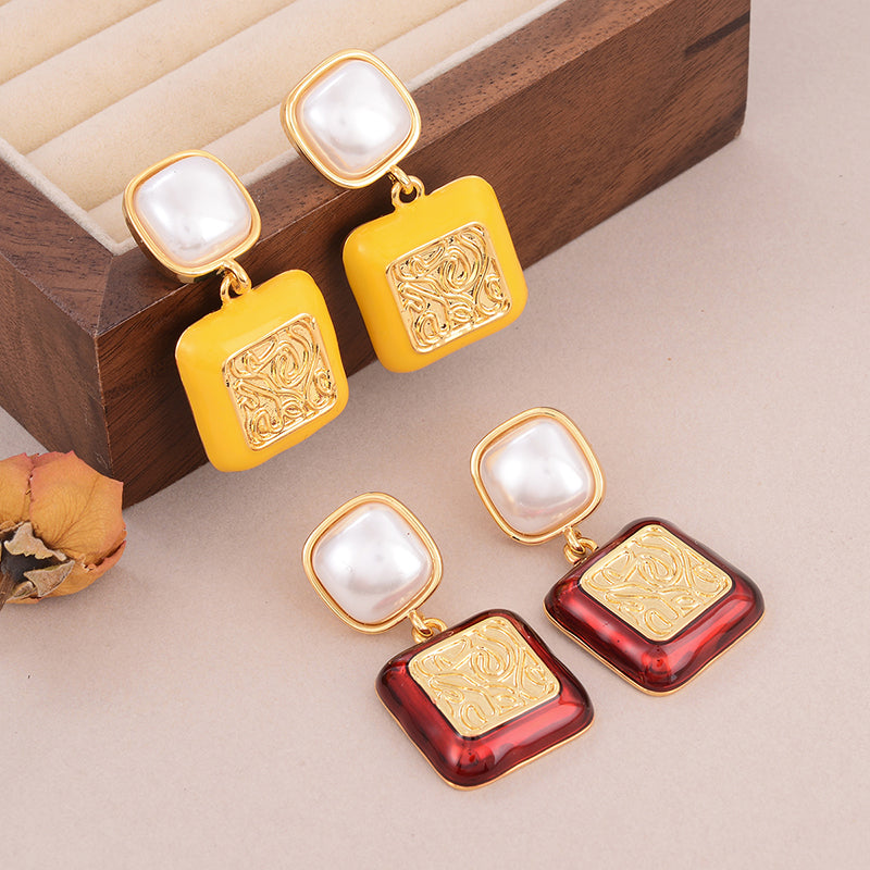 1 Pair Simple Style Classic Style Square Plating Inlay Copper Artificial Pearls 18K Gold Plated Drop Earrings