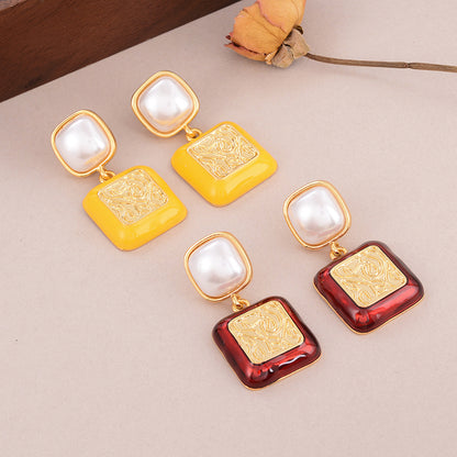 1 Pair Simple Style Classic Style Square Plating Inlay Copper Artificial Pearls 18K Gold Plated Drop Earrings