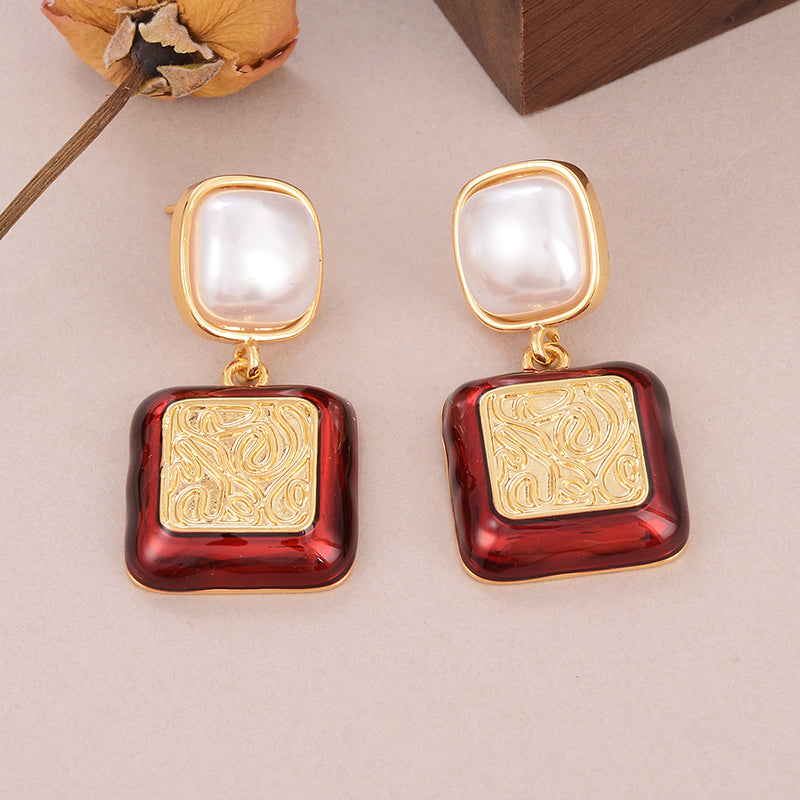 1 Pair Simple Style Classic Style Square Plating Inlay Copper Artificial Pearls 18K Gold Plated Drop Earrings