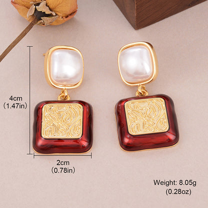 1 Pair Simple Style Classic Style Square Plating Inlay Copper Artificial Pearls 18K Gold Plated Drop Earrings