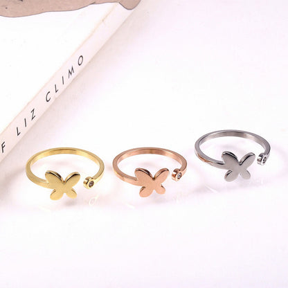 Stainless Steel 18K Gold Plated Sweet Heart Shape Butterfly Open Rings