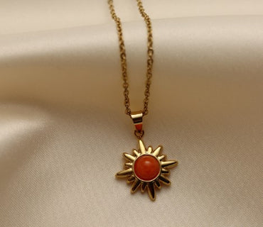 Stainless Steel 18K Gold Plated Retro Four Leaf Clover Sun Moon Inlay Natural Stone Zircon Pendant Necklace