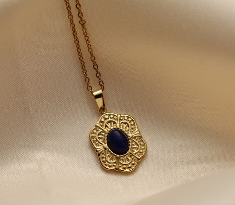 Stainless Steel 18K Gold Plated Retro Four Leaf Clover Sun Moon Inlay Natural Stone Zircon Pendant Necklace