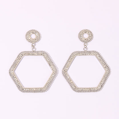 1 Pair Simple Style Hexagon Geometric Rhinestone Metal Rhodium Plated Drop Earrings