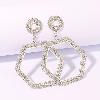 1 Pair Simple Style Hexagon Geometric Rhinestone Metal Rhodium Plated Drop Earrings