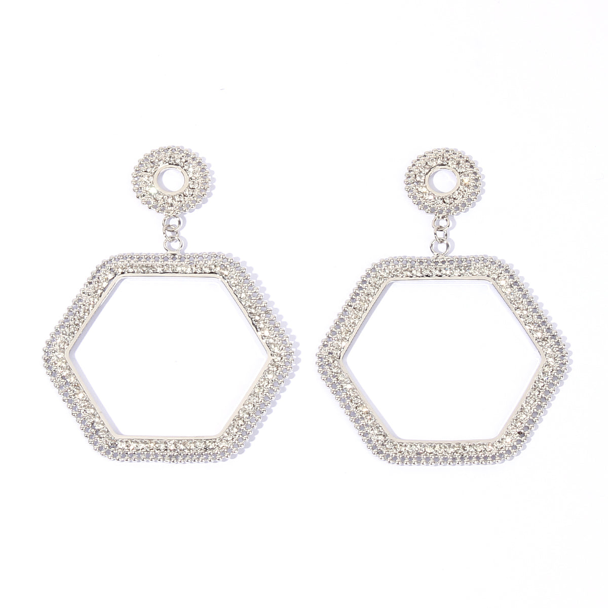 1 Pair Simple Style Hexagon Geometric Rhinestone Metal Rhodium Plated Drop Earrings