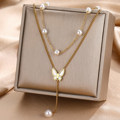 Titanium Steel IG Style Butterfly Plating Inlay Artificial Pearls Double Layer Necklaces