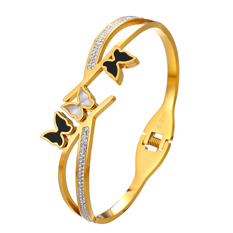 Titanium Steel IG Style Butterfly Plating Inlay Zircon Bangle