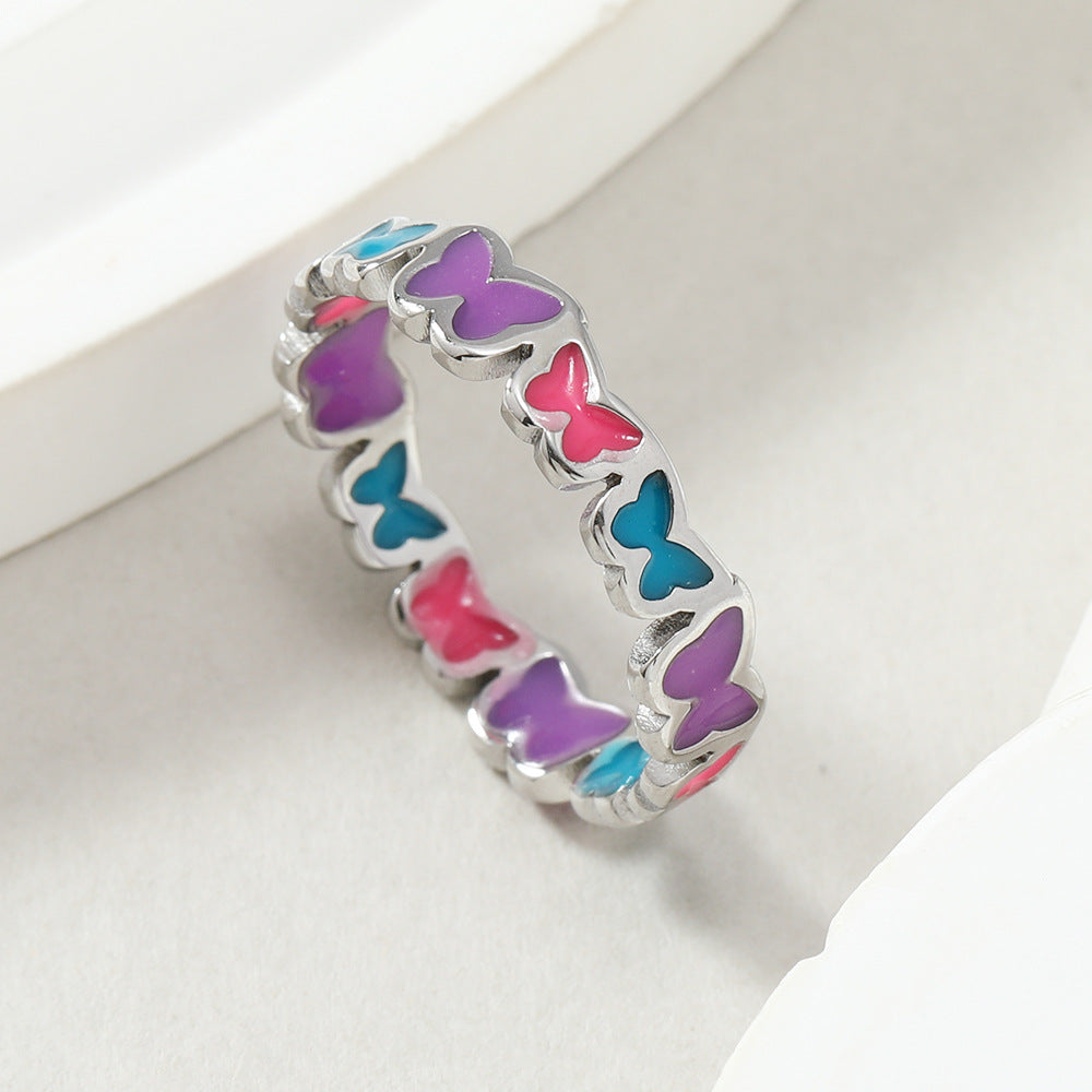 Stainless Steel Sweet Butterfly Enamel Plating Rings