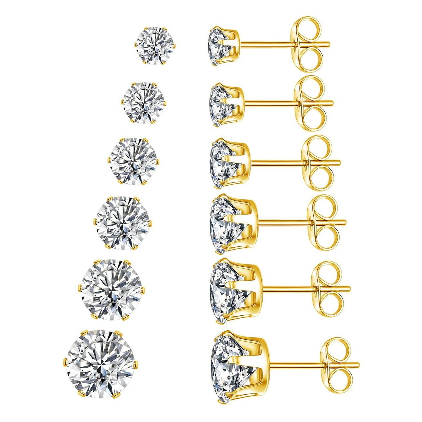6 Pairs Simple Style Round Inlay Stainless Steel Zircon 18K Gold Plated Ear Studs
