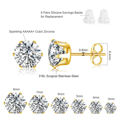 6 Pairs Simple Style Round Inlay Stainless Steel Zircon 18K Gold Plated Ear Studs