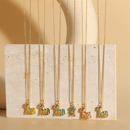 Copper 14K Gold Plated Vintage Style Simple Style Commute Enamel Inlay Dinosaur Horse Zircon Pendant Necklace