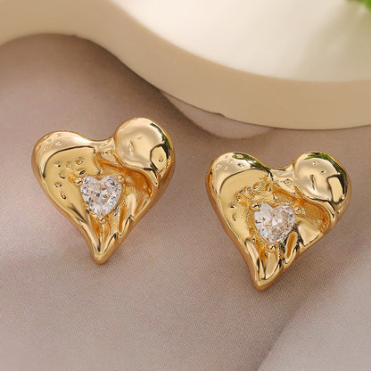 1 Pair Retro Simple Style Commute Heart Shape Inlay Copper Zircon 18K Gold Plated Ear Studs