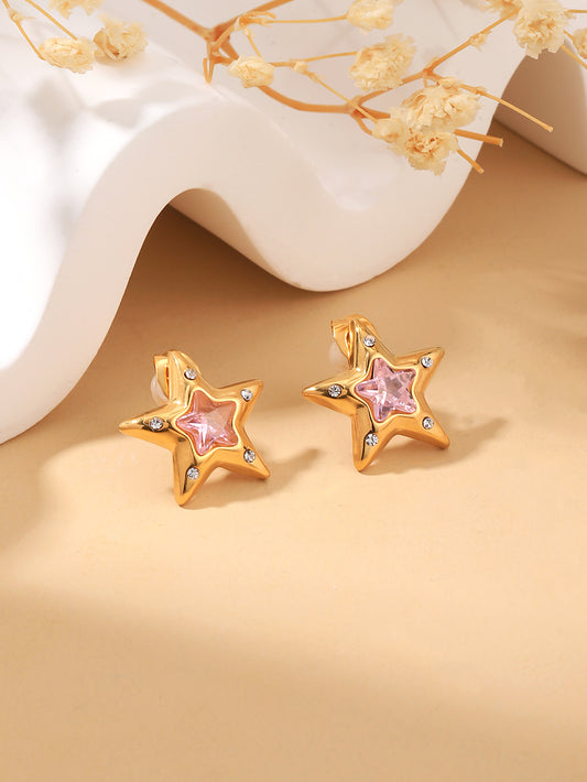 1 Pair Simple Style Star Inlay Stainless Steel Zircon 18K Gold Plated Ear Studs