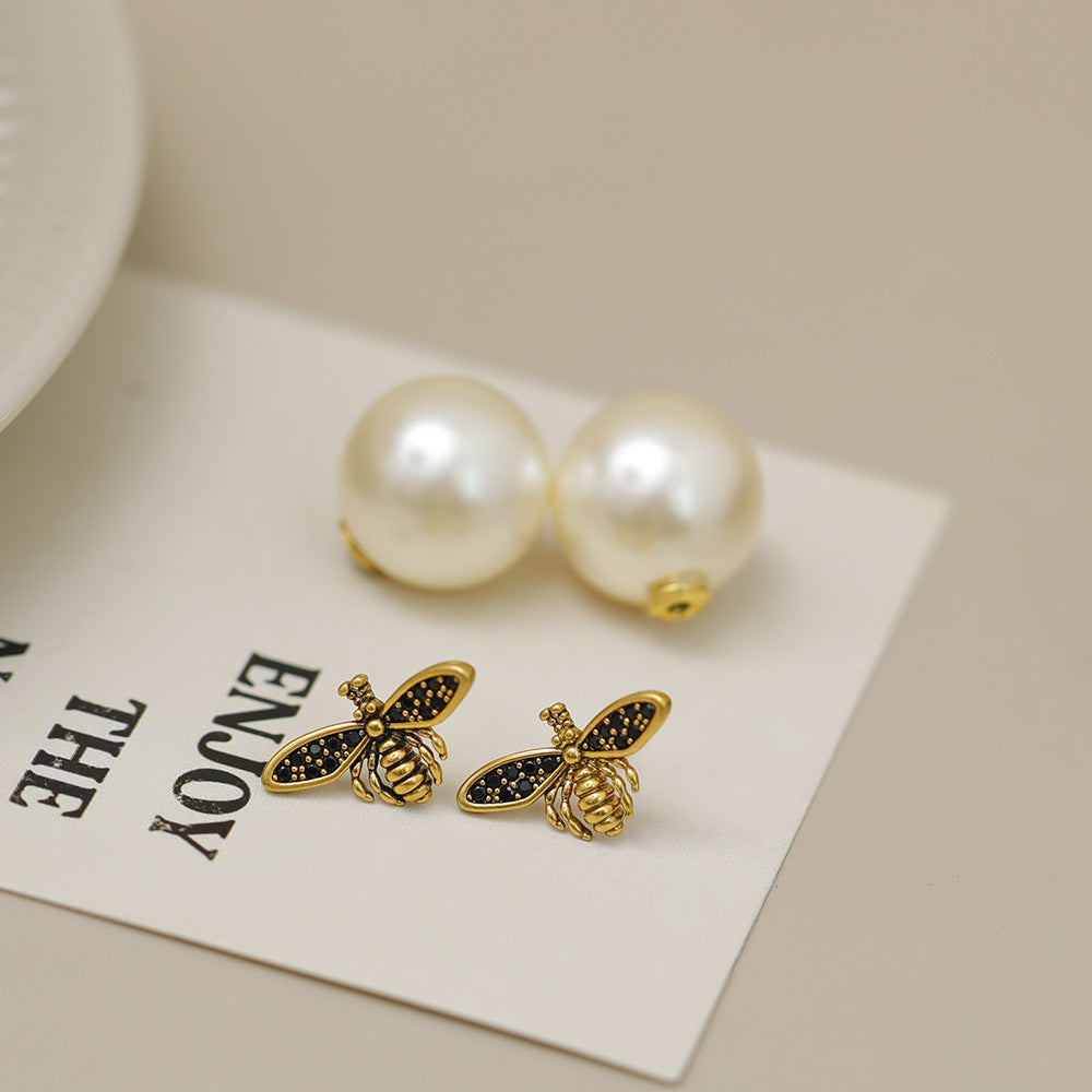 1 Pair Cute Pearl Bee Plating Copper 18K Gold Plated Ear Studs