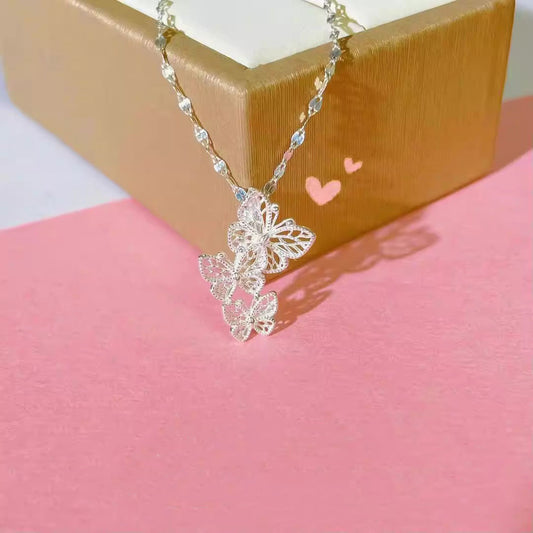 Sterling Silver Solid Color Butterfly Inlay Zircon Pendant Necklace