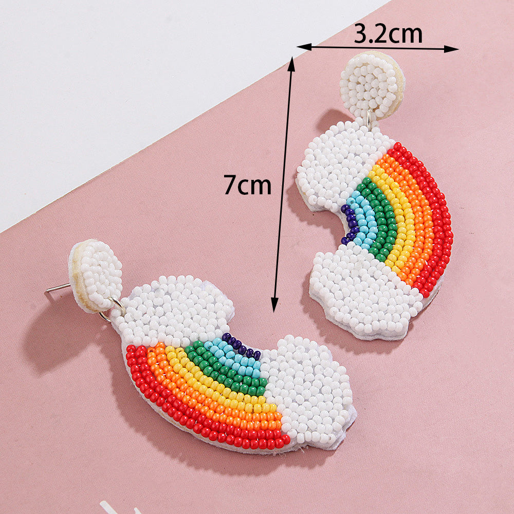 1 Pair Casual Sweet Artistic Rainbow Heart Shape Cloth Seed Bead Drop Earrings