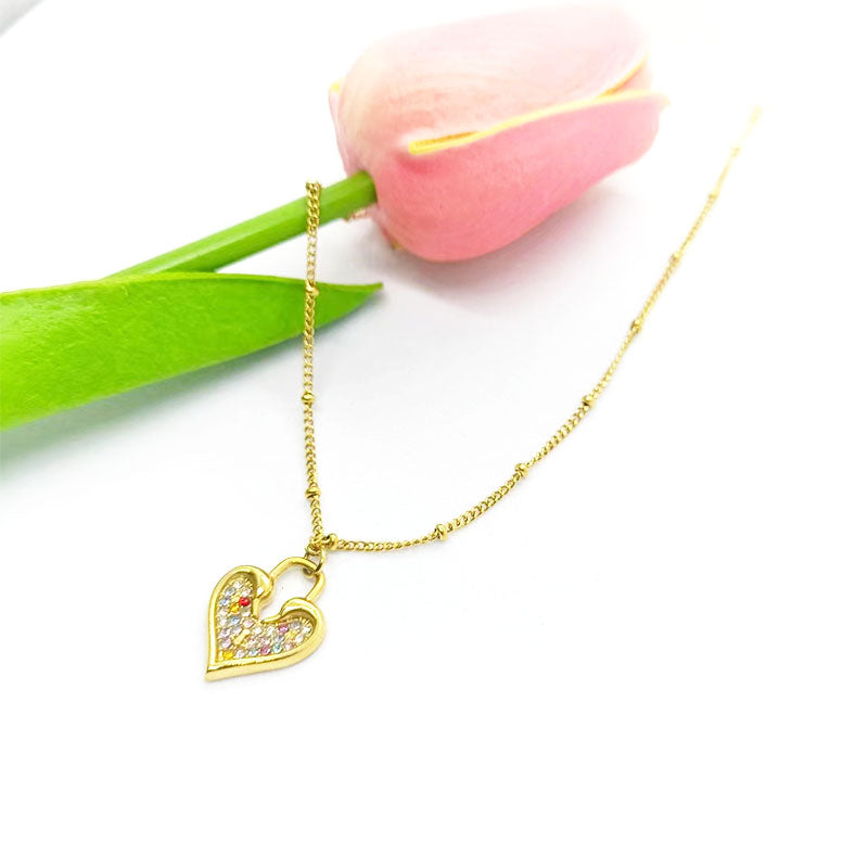 Stainless Steel 18K Gold Plated Elegant Heart Shape Inlay Artificial Rhinestones Pendant Necklace