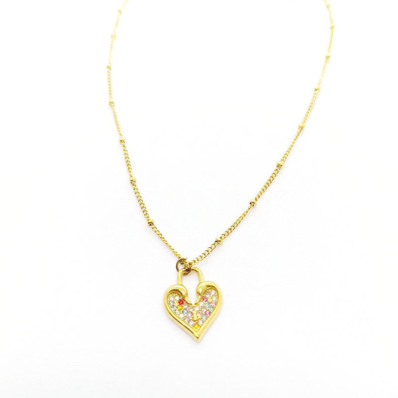 Stainless Steel 18K Gold Plated Elegant Heart Shape Inlay Artificial Rhinestones Pendant Necklace