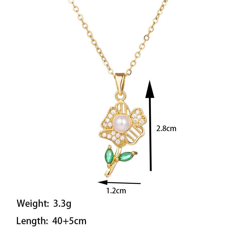 Titanium Steel 18K Gold Plated Casual Simple Style Commute Polishing Inlay Starfish Dolphin Flower Artificial Rhinestones Pearl Pendant Necklace