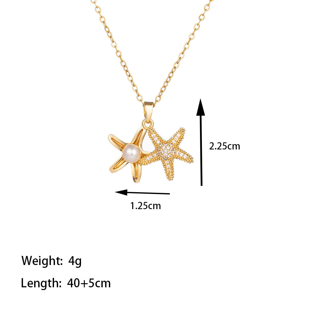 Titanium Steel 18K Gold Plated Casual Simple Style Commute Polishing Inlay Starfish Dolphin Flower Artificial Rhinestones Pearl Pendant Necklace