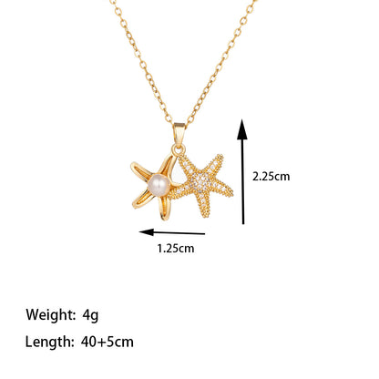 Titanium Steel 18K Gold Plated Casual Simple Style Commute Polishing Inlay Starfish Dolphin Flower Artificial Rhinestones Pearl Pendant Necklace