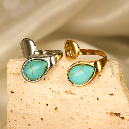 304 Stainless Steel Elegant Simple Style Inlay Water Droplets Turquoise Open Rings