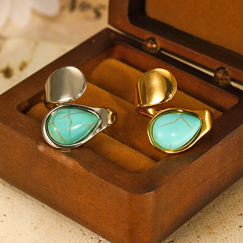 304 Stainless Steel Elegant Simple Style Inlay Water Droplets Turquoise Open Rings