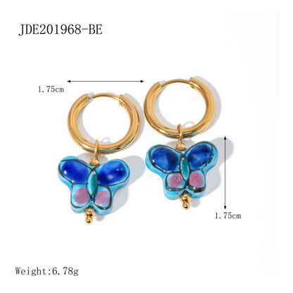 1 Pair IG Style Butterfly 304 Stainless Steel Ceramics 18K Gold Plated Drop Earrings