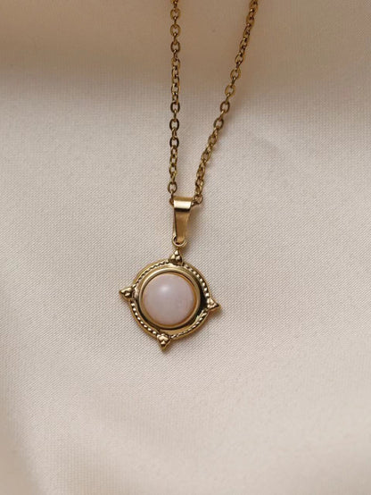 Stainless Steel 18K Gold Plated Vintage Style French Style Round Oval Eye Inlay Natural Stone Pendant Necklace