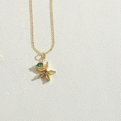 Copper 14K Gold Plated Vintage Style Simple Style Commute Enamel Inlay Carrot Flower Butterfly Zircon Pendant Necklace