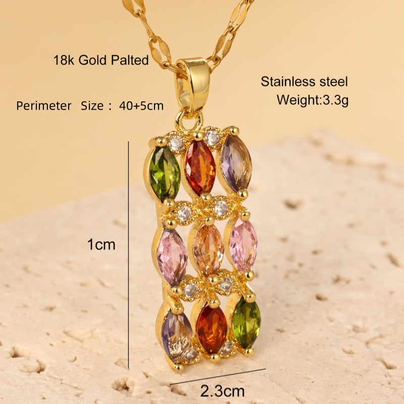 Stainless Steel 18K Gold Plated Elegant Rectangle Inlay Zircon Pendant Necklace