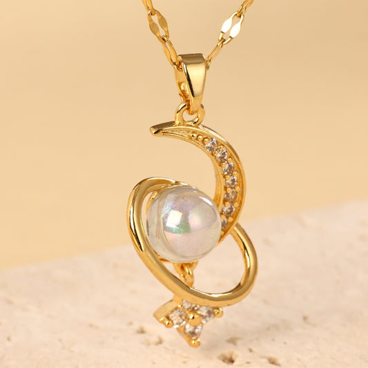 Stainless Steel Copper 18K Gold Plated Cute Sweet Moon Artificial Pearls Zircon Pendant Necklace