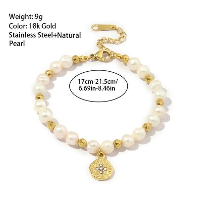 Stainless Steel Freshwater Pearl 18K Gold Plated Elegant Sun Inlay Zircon Bracelets