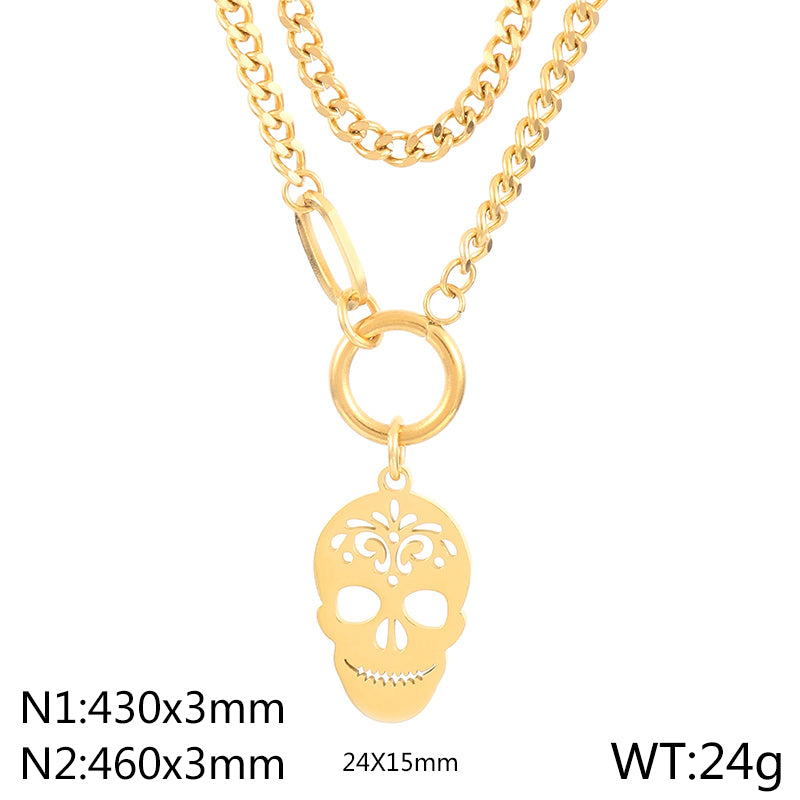 Stainless Steel Hip-Hop Simple Style Skull Hollow Out Double Layer Necklaces