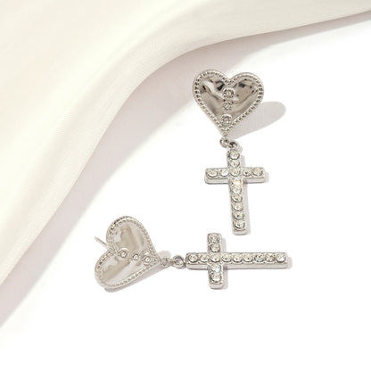 1 Pair Streetwear Cross Heart Shape Inlay Titanium Steel Rhinestones 18K Gold Plated Drop Earrings