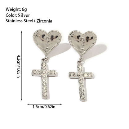 1 Pair Streetwear Cross Heart Shape Inlay Titanium Steel Rhinestones 18K Gold Plated Drop Earrings