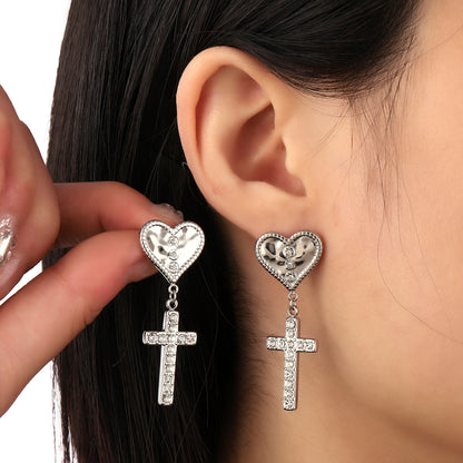 1 Pair Streetwear Cross Heart Shape Inlay Titanium Steel Rhinestones 18K Gold Plated Drop Earrings