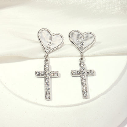 1 Pair Streetwear Cross Heart Shape Inlay Titanium Steel Rhinestones 18K Gold Plated Drop Earrings