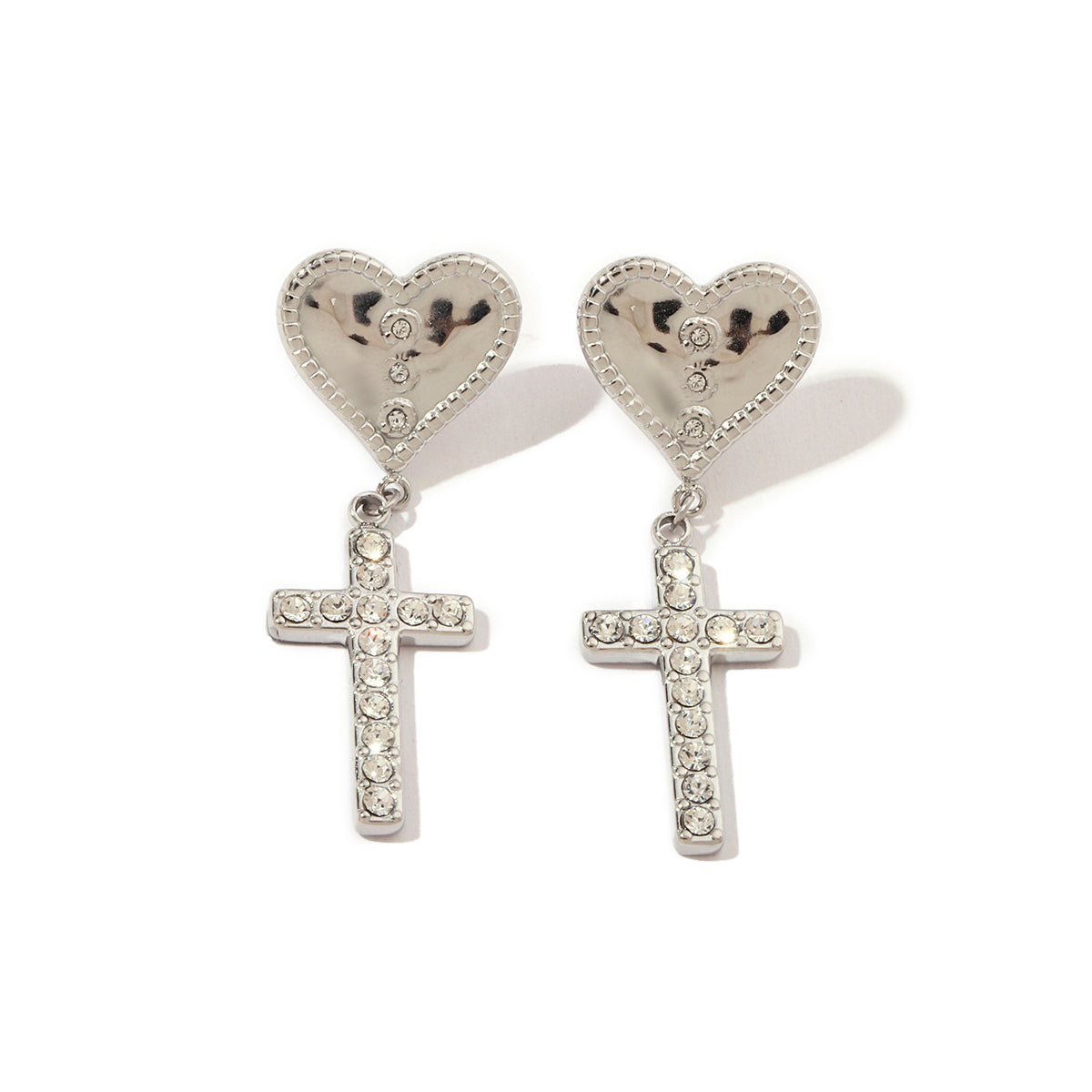 1 Pair Streetwear Cross Heart Shape Inlay Titanium Steel Rhinestones 18K Gold Plated Drop Earrings