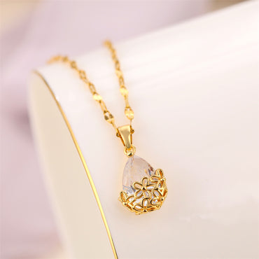 Titanium Steel Copper 18K Gold Plated Simple Style Inlay Water Droplets Zircon Pendant Necklace