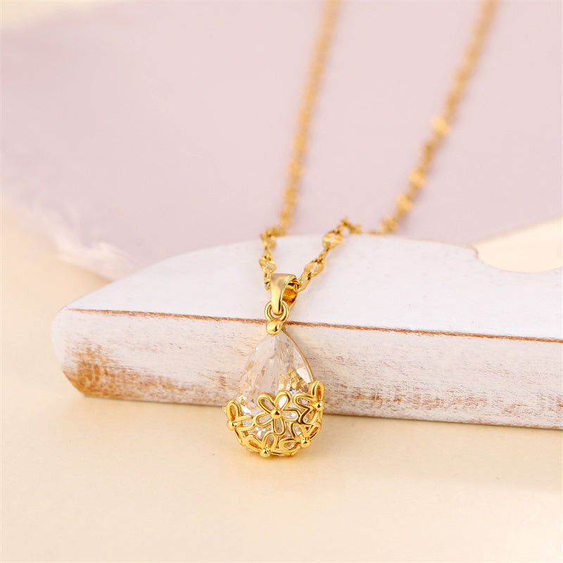 Titanium Steel Copper 18K Gold Plated Simple Style Inlay Water Droplets Zircon Pendant Necklace