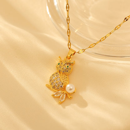 Copper Cute Simple Style Inlay Owl Zircon Pendant Necklace