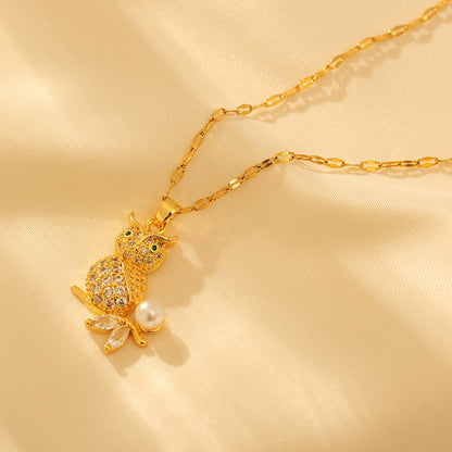 Copper Cute Simple Style Inlay Owl Zircon Pendant Necklace
