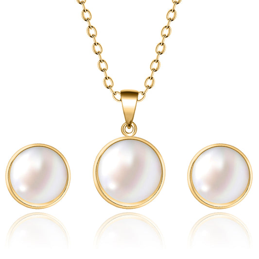Stainless Steel 18K Gold Plated Elegant Round Inlay Artificial Pearls Earrings Necklace