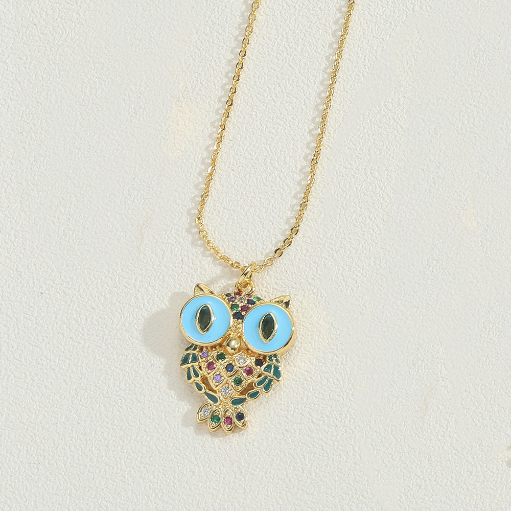 Copper 14K Gold Plated Vintage Style Simple Style Commute Enamel Inlay Owl Zircon Pendant Necklace