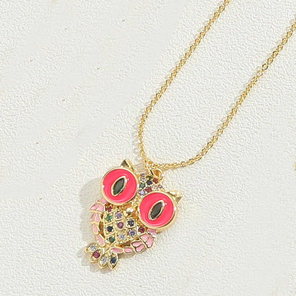 Copper 14K Gold Plated Vintage Style Simple Style Commute Enamel Inlay Owl Zircon Pendant Necklace