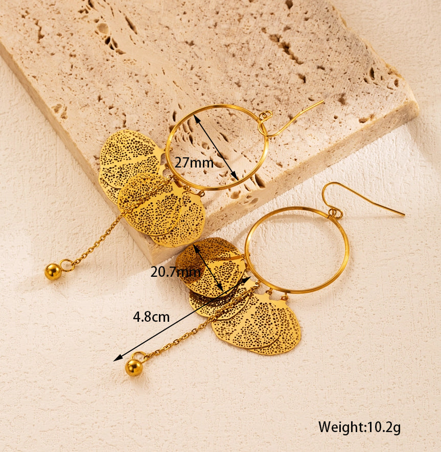 1 Pair Simple Style Round Fish Bone Hollow Out Stainless Steel 18K Gold Plated Drop Earrings Earrings