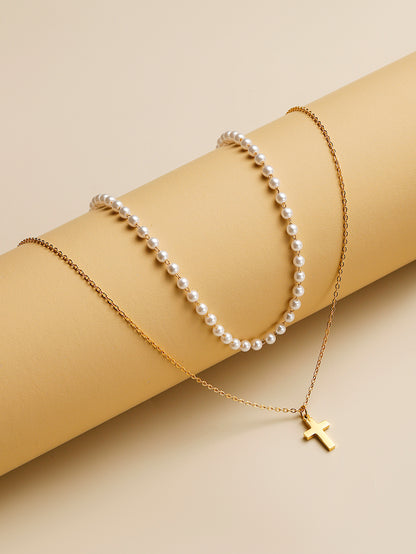 Simple Style Classic Style Cross Stainless Steel Imitation Pearl Beaded Plating Women's Necklace