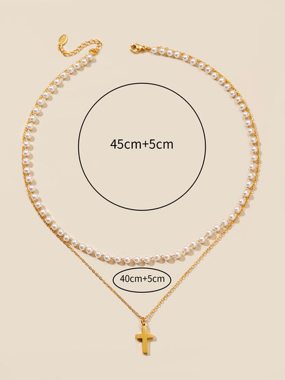 Simple Style Classic Style Cross Stainless Steel Imitation Pearl Beaded Plating Women's Necklace